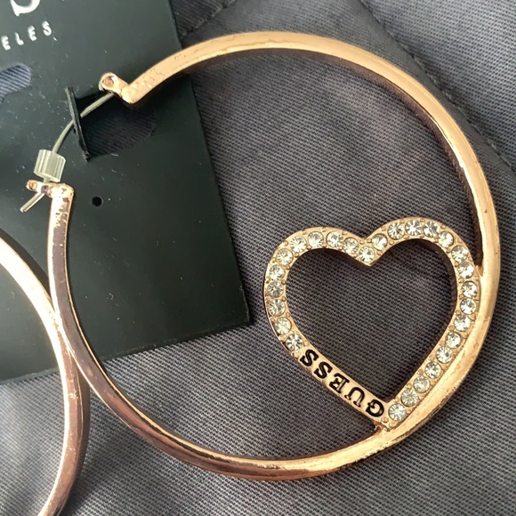 Guess Hoop Earrings With Rhinestone Hearts - Picture 3 of 4